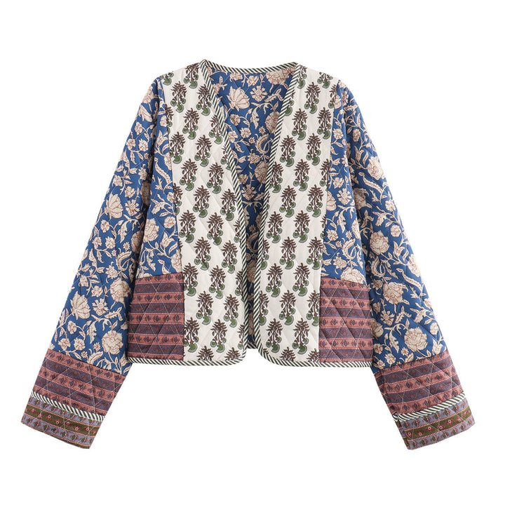 Dam quiltad patchwork kimono jacka med öppen front och påsydda fickor