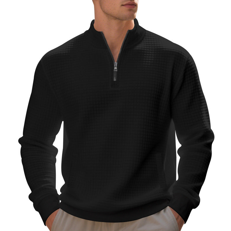 Herr Waffle Stickad Halv Dragkedja Pullover med Ståkrage, Känguruficka &amp; Ribbad Finishes