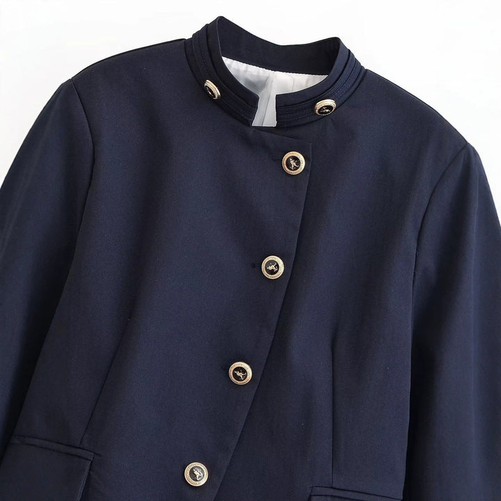 Dam Elegant Tailored Kort Jacka i Navy Stil med Stå Krage, Dekorativ Knapp Knäppning och Lock Fickor