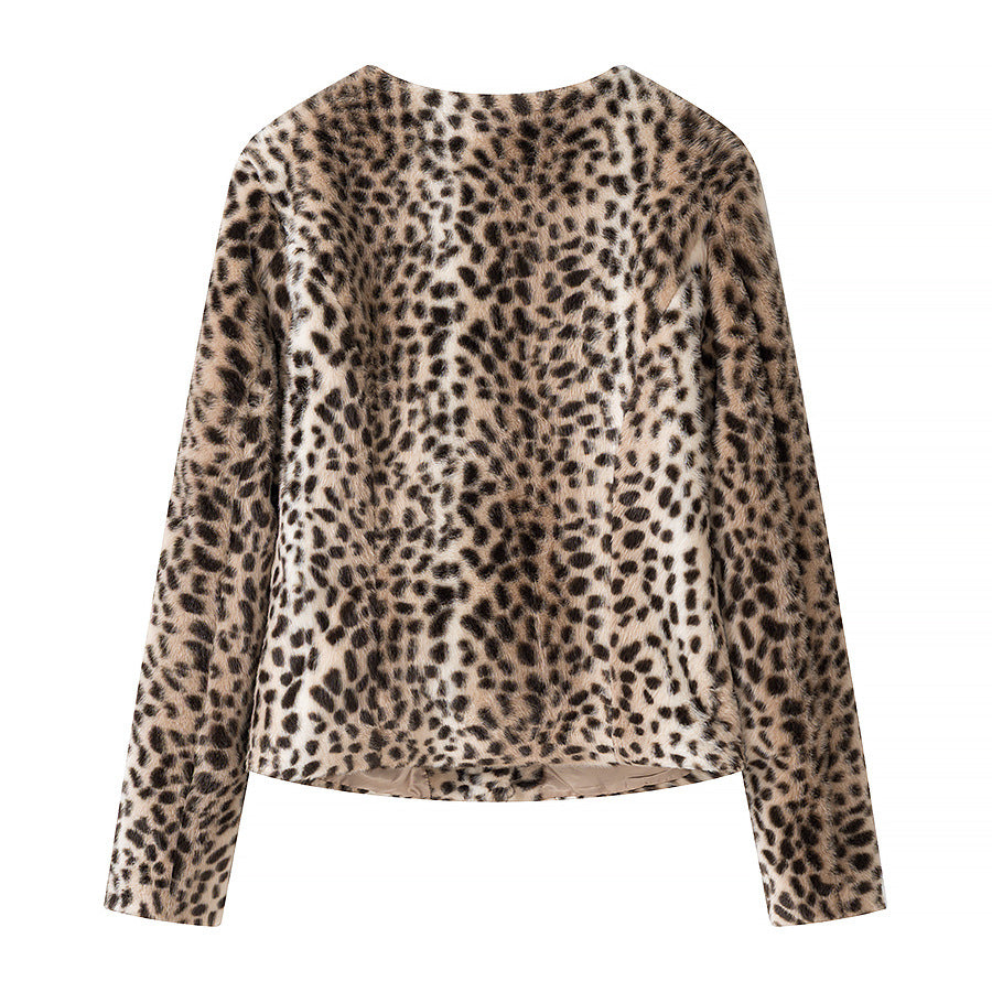 Dam kort Faux Fur jacka med Leopard tryck och Round Neck