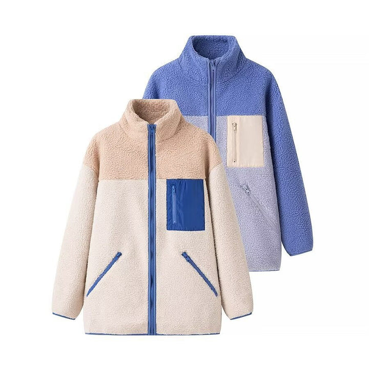 Dam oversize teddy-fleecejacka med ståkrage, dragkedja fickor och nylon Chest ficka