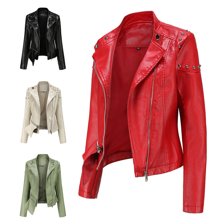 Dam asymmetric konstläder bikerjacka med stud application och figursydd peplum