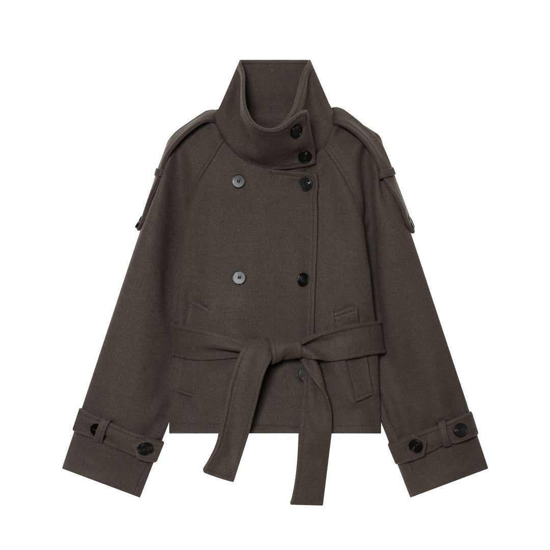 Dam Kort Double-Breasted Ull Blend Cape Jacka med Hög Stå Krage och Waist Belt