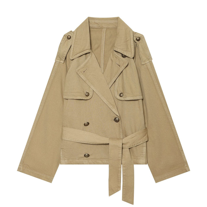 Dam Kort Tailored Trench Blazer med Belt, Epaulettes och Double-Breasted Knapp Knäppning