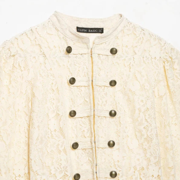 Dam Kort Lace Jacka i Military Look med Stå Krage och Dekorativ Knapp Knäppning