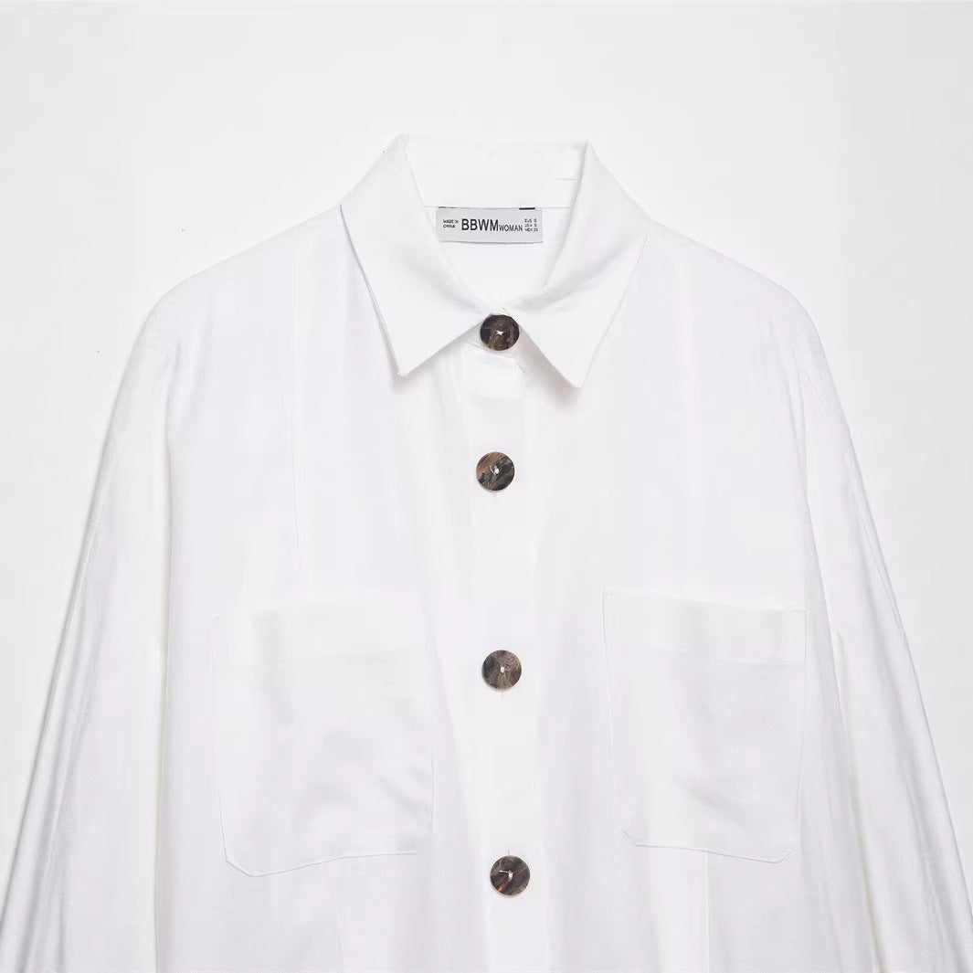 Dam Oversized Skjorta Jacka med Three-Quarter Kimono Ärmar och Utanpåfickor