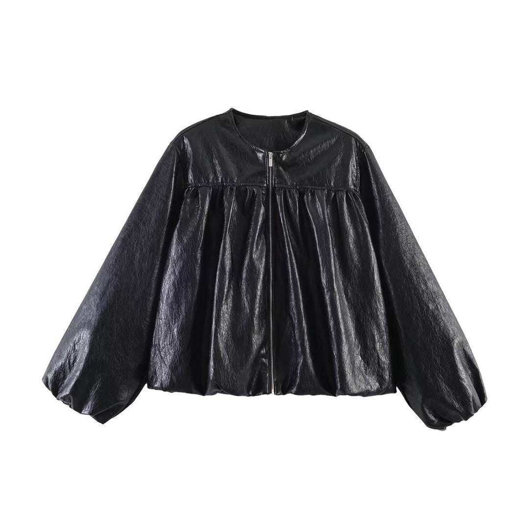Dam kort jacka med ruched yoke, round neck och balloon ärmar