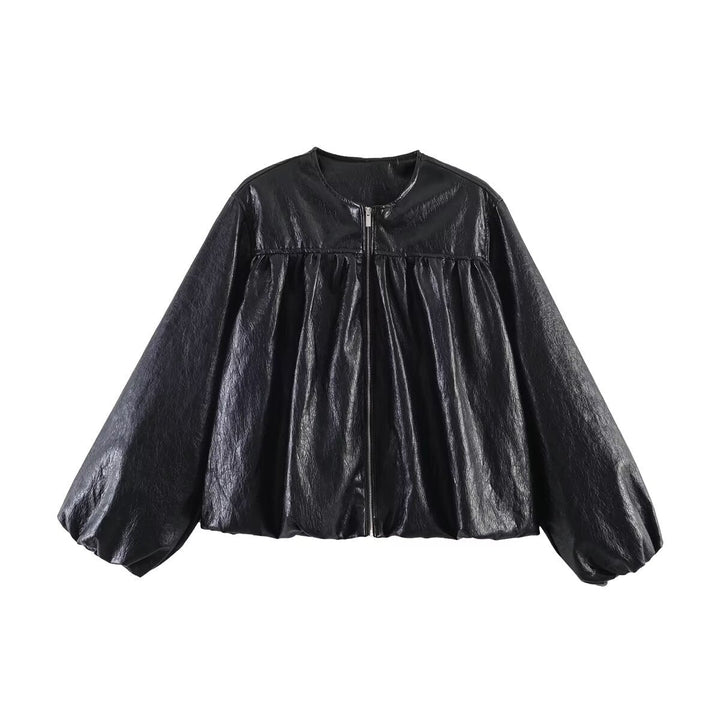 Dam kort jacka med ruched yoke, round neck och balloon ärmar
