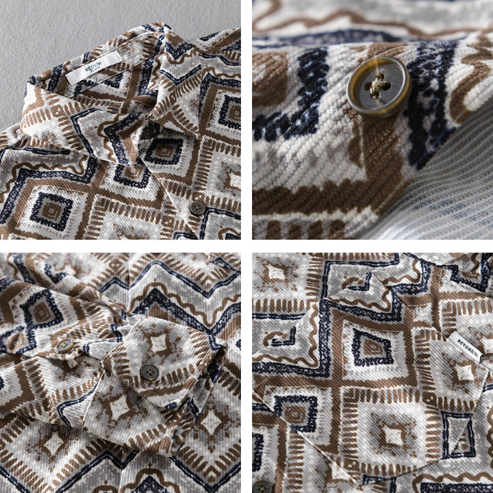 Herr Patterned Overshirt i Avslappnad Passform med Geometrisk Diamant Tryck och Bröstficka