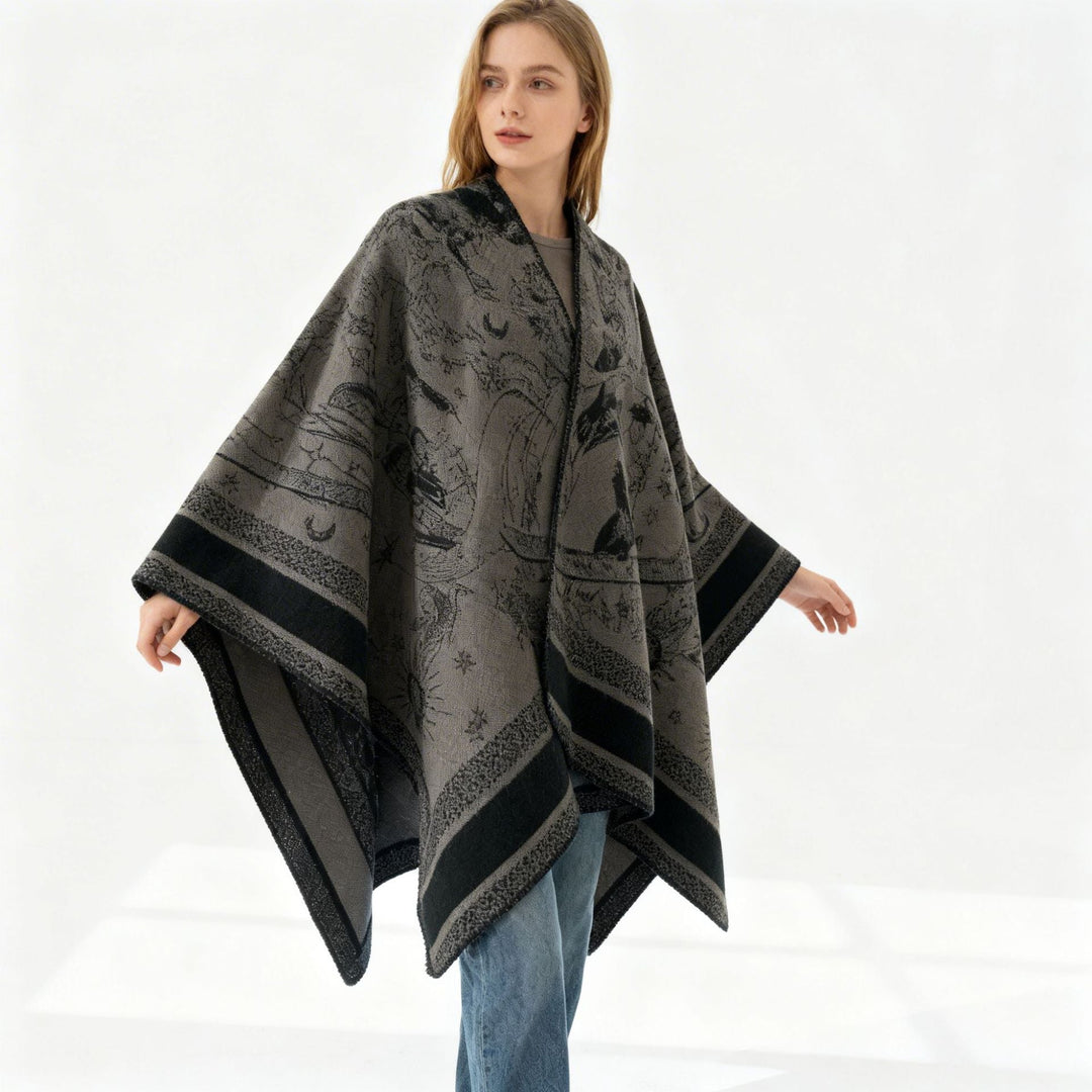 Dam Jacquard capeponcho med double-sided weave structure och V-neck
