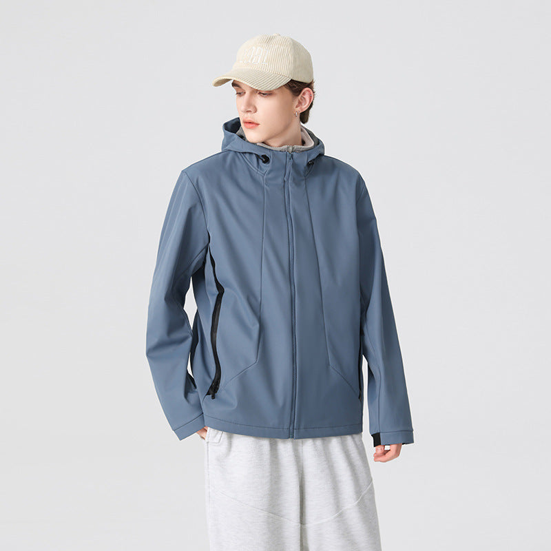Herr Minimalistisk Softshell Regn Jacka med Dold Dragkedja, Integrerad Huva, och Andningsbar Mesh Foder