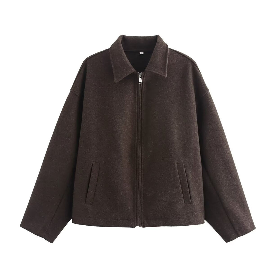 Dam Oversize Ull Blend Boxig Jacka med Full Dragkedja och Side Fickor
