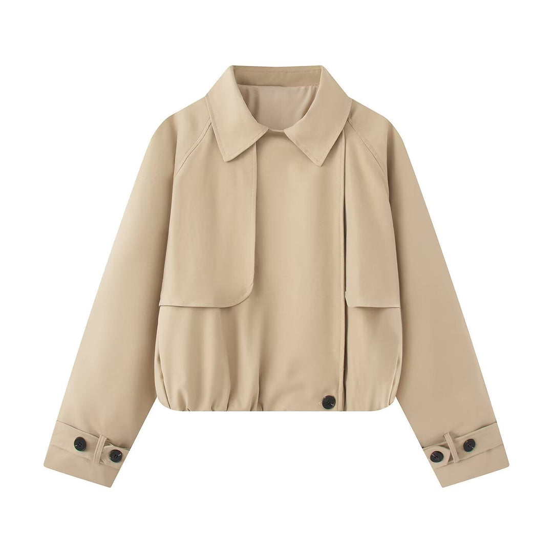 Dam Kort Trench-Stil Blouson med Dold Knapp Knäppning och Drawstring Nederkant