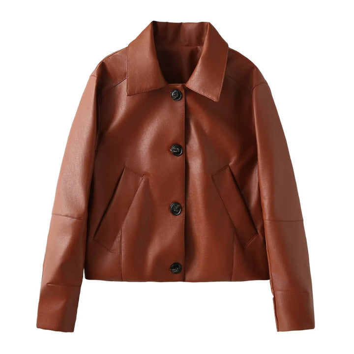 Dam figurnära konstläderjacka i blouson stil med skjortkrage