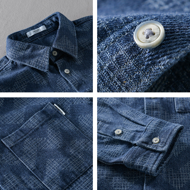 Herr Indigo-Structure Overshirt Tillverkad av Washed Denim med Zigzag Jacquard, Kent Krage och Bröstficka