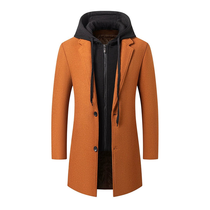 Herr Long Ull Blandning Overcoat med Integrated med Huva Inre Jacka och Tvåvägsdragkedja