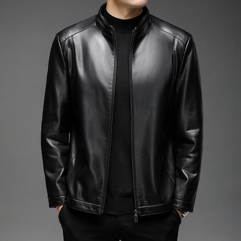 Herr Minimalistic Läder Look Övergångs Jacka med Ståkrage och Tvåvägsdragkedja