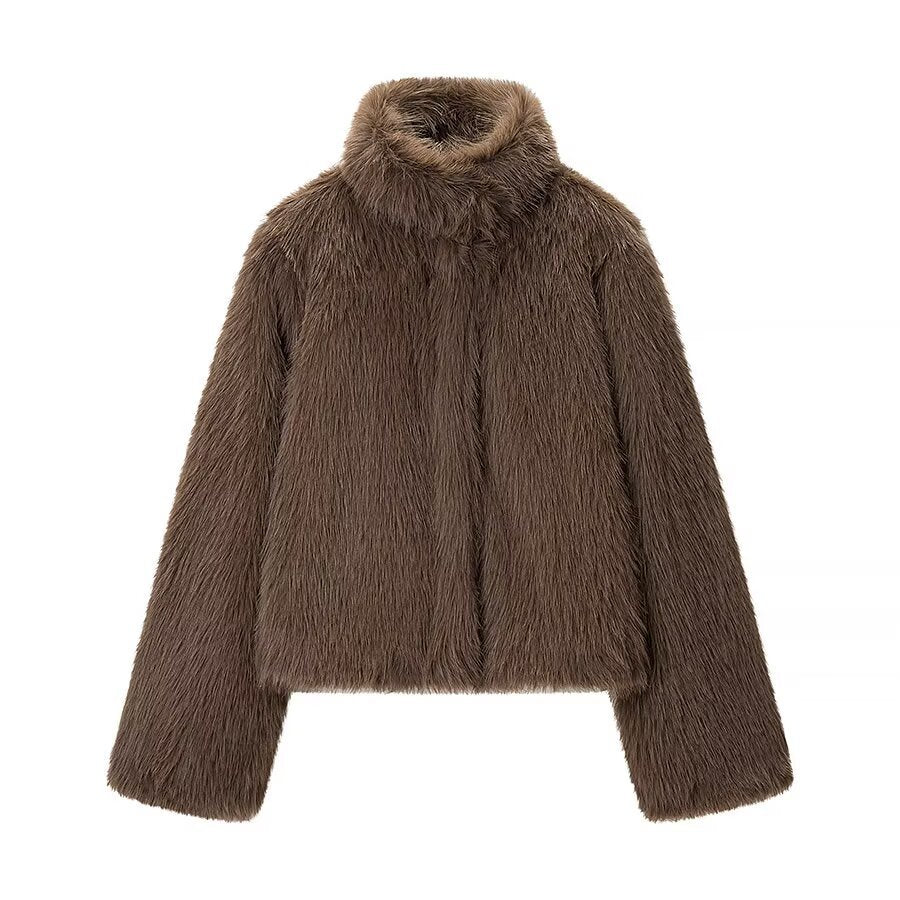 Dam kort Faux Fur jacka med hög ståkrage och oversize silhuett