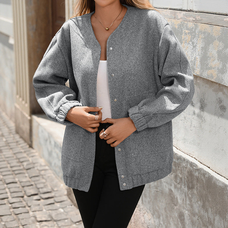 Dam Oversized Ull-Look Blouse Jacka med Tryckknapp Knapp Stängning, Elastiska Muddar &amp; Utanpåfickor