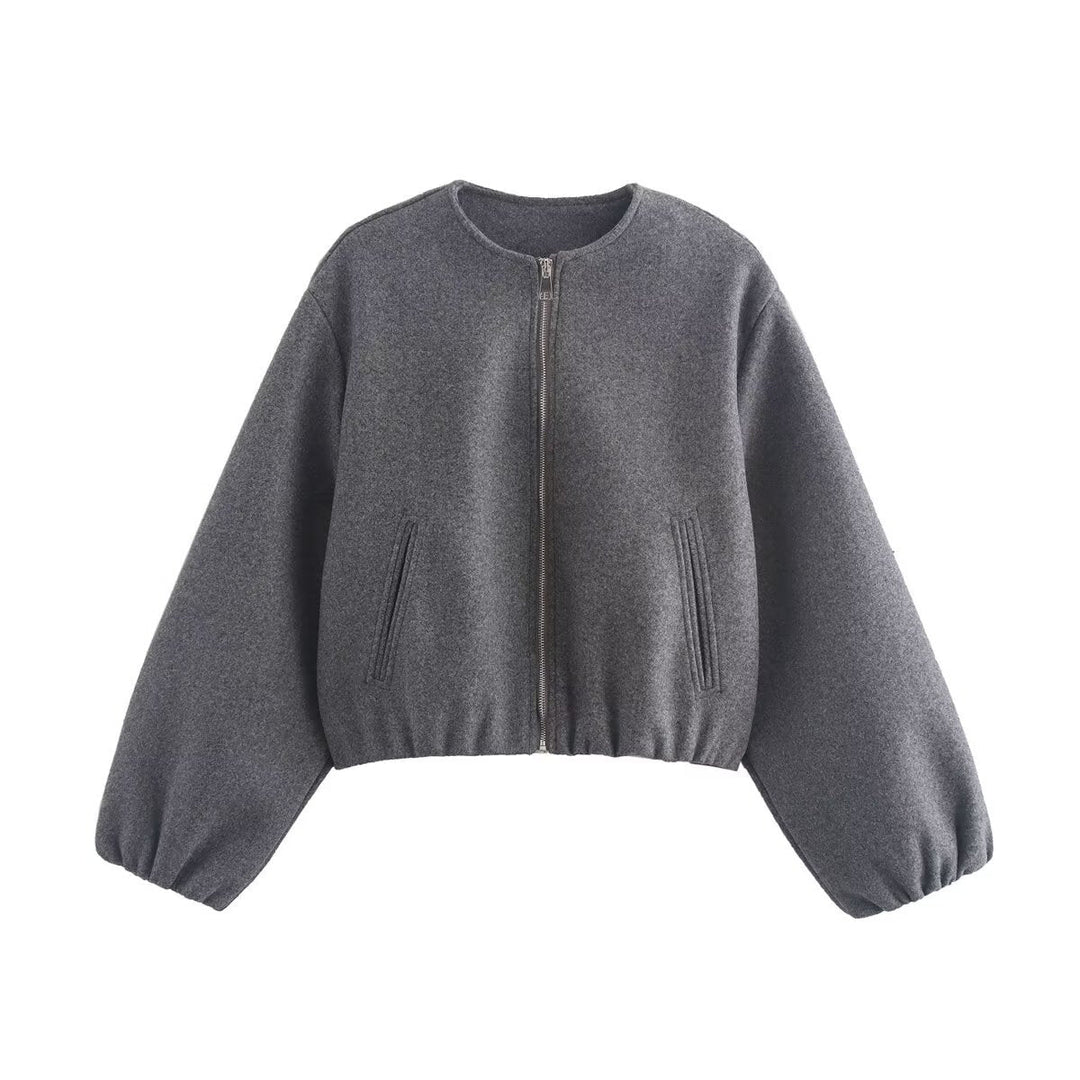 Dam Kort Ull Look Kort Jacka med Dragkedja, Round Neck och Balloon Ärmar