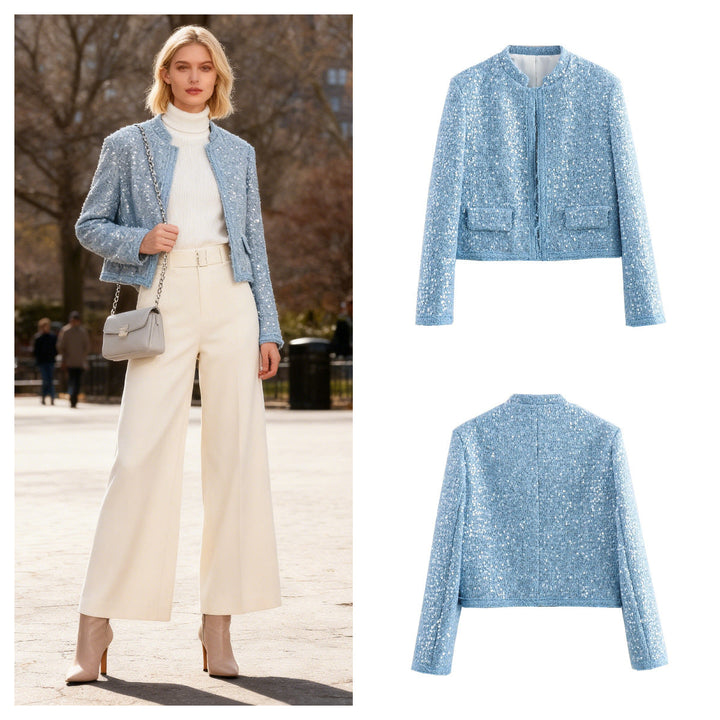 Dam Kort Kort Boucle Tweed Jacka med Sequin Kant och Lockfickor