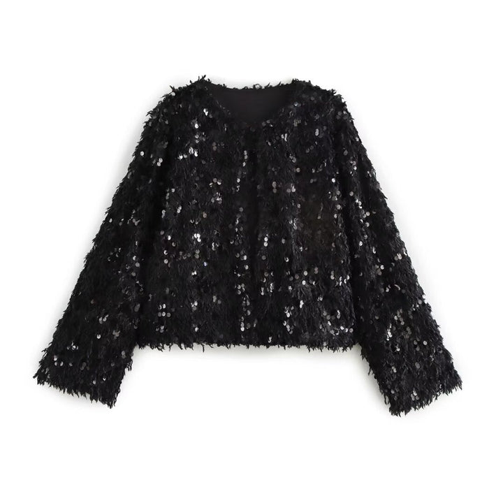 Dam Kort Jacka Gjord av Fluffy Konstpäls med Sequin Kant