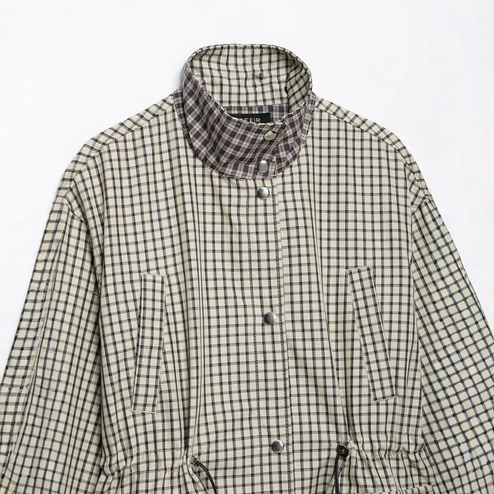 Dam Checked Oversize Parka med Drawstring, Stå Krage och Lock Fickor