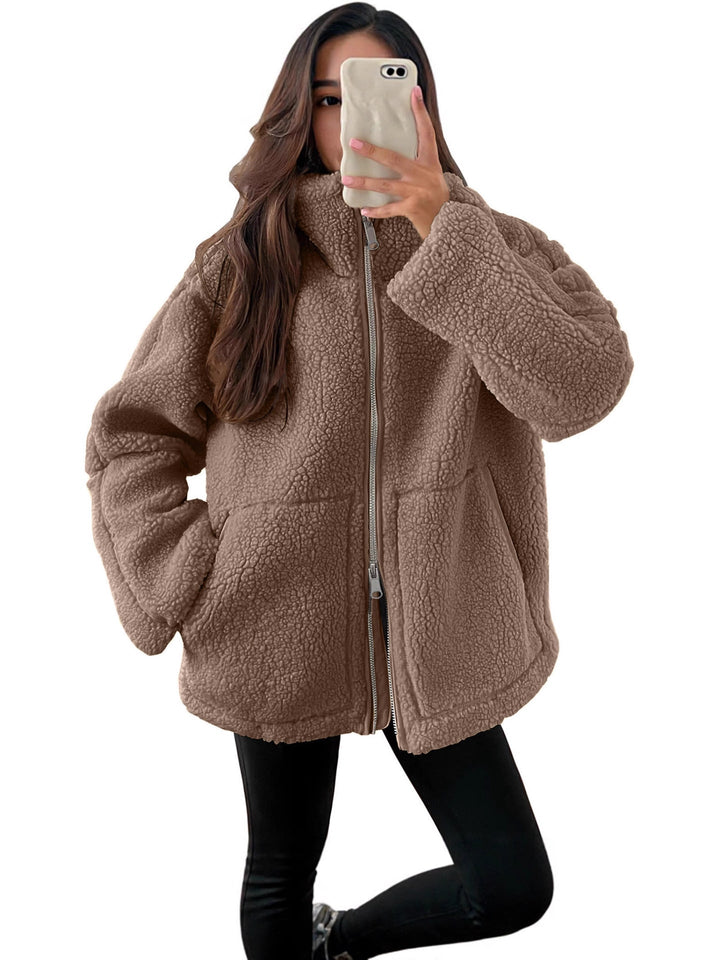 Dam oversized teddy fleecejacka med ståkrage och full-length dragkedja