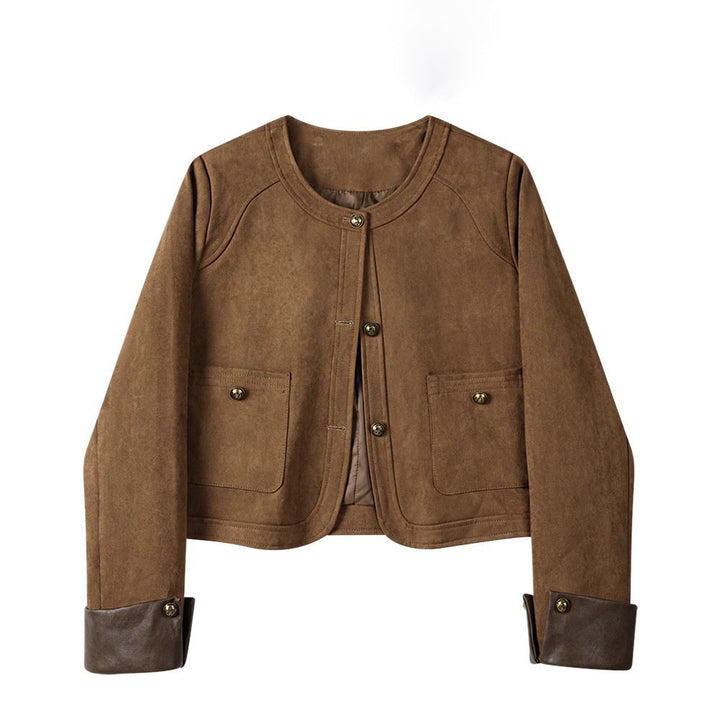 Dam kort jacka gjord mocka läder med round neck, utanpåfickor &amp; turn-up muddar
