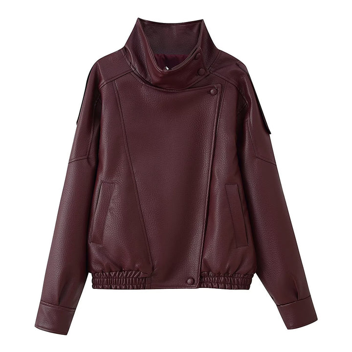 Dam Oversized Konstläder Jacka med Skjortkrage och Elastic Fåll