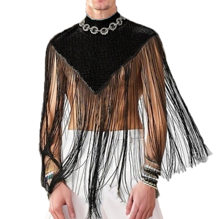 Dam Lång Fringed Cape med Turtleneck och V-Shaped Insert