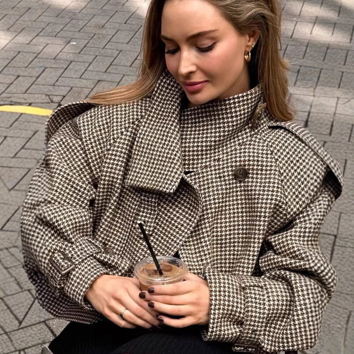 Dam oversize trenchcoat med Houndstooth mönster, hög ståkrage och Shoulder Epaulettes