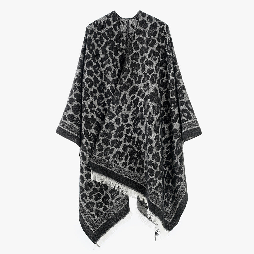 Dam mjuk-Falling Jacquard kimono-skärning Wrap med Tonal Leo mönster och Fringed fåll