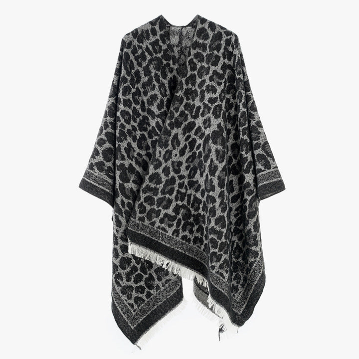 Dam mjuk-Falling Jacquard kimono-skärning Wrap med Tonal Leo mönster och Fringed fåll