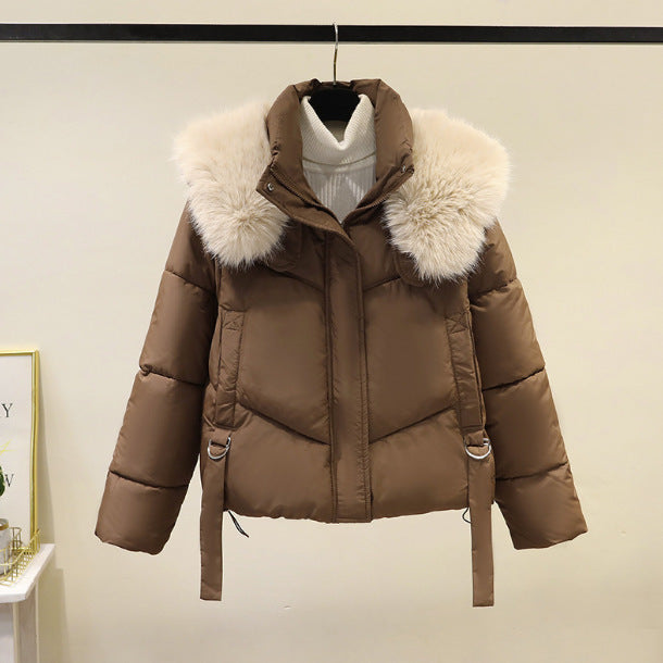 Dam nano kort thermo pufferjacka med detachable faux fur krage, hög closing ståkrage, och fåll med dragsko