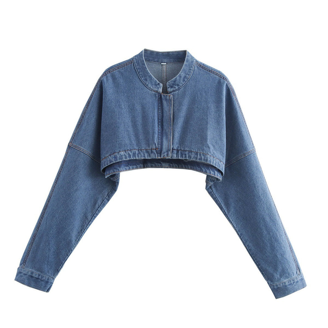 Dam cropped jeans bolero jacka med stand krage, oversized ärmar och concealed front placket