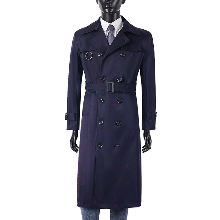 Herr Double-Breasted Trench Kappa med Midja Tailoring, Slagkrage, och Dekorativa Metall Ring