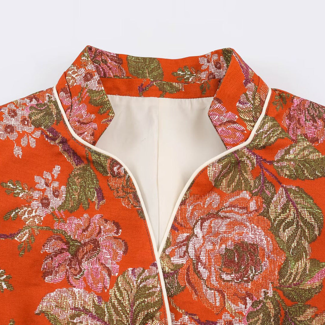 Dam Kort Jacquard Blazer Jacka med Blommig Mönster och Stå Krage