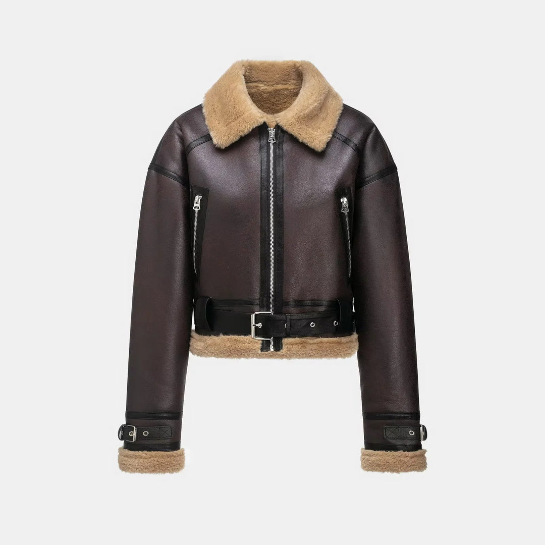 Dam cropped aviator jacka med waistband bälte, visible metal dragkedja, och teddy foder