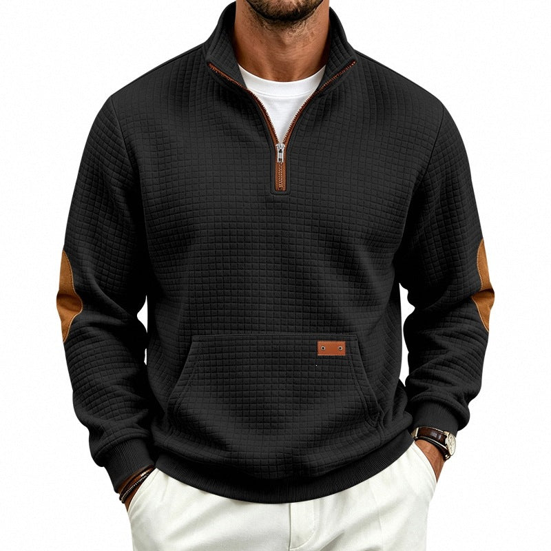 Herr Quiltad Structure Pullover med Halv Dragkedja, Elbow Lappar, och Känguruficka