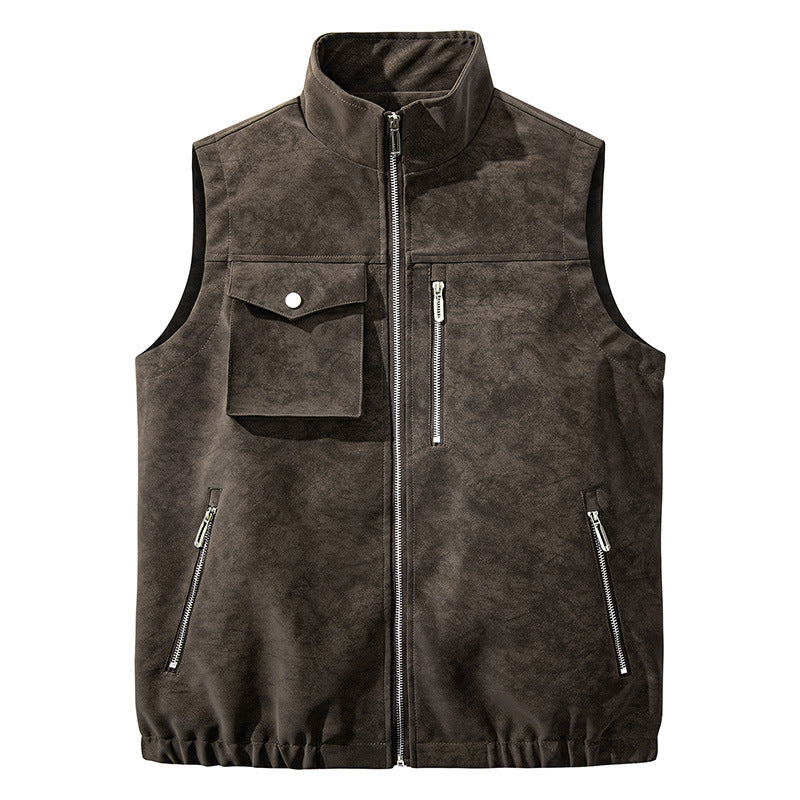 Herr Funktion Väst i Velour Look med Ståkrage, Flera Fickor, och Hel Dragkedja