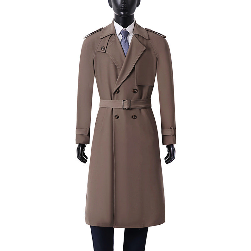 Herr Klassisk Double-Breasted Trench Kappa Tillverkad av Lätt Ullblandning med Sjalkrage Krage och Axelklaffar