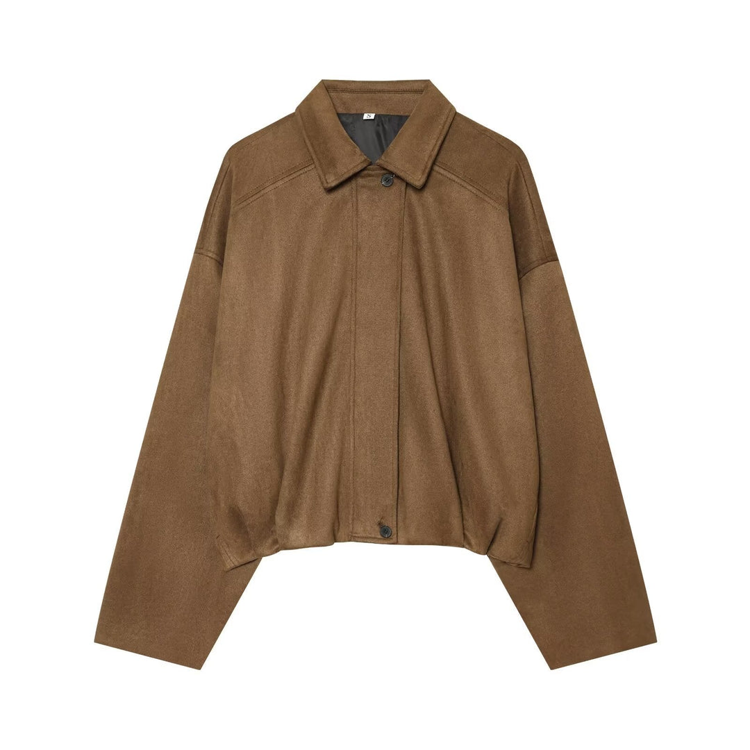 Dam Kort Cape Jacka i Oversize Suede Look med Dold Knapp Knäppning
