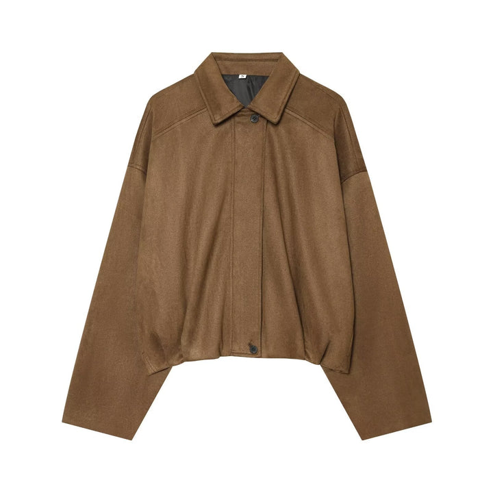 Dam Kort Cape Jacka i Oversize Suede Look med Dold Knapp Knäppning