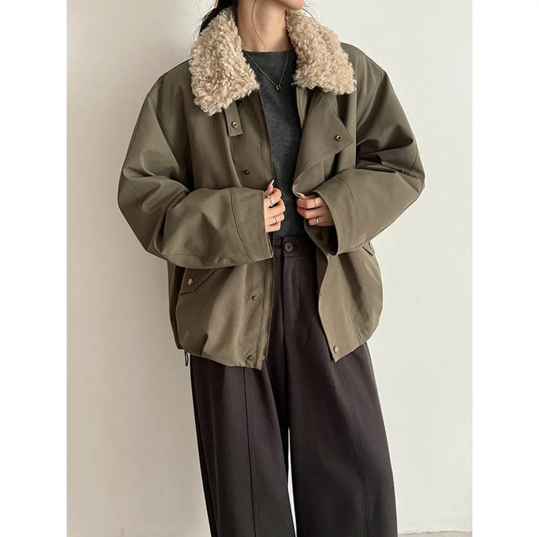 Dam oversize kort jacka med teddy krage och Flap fickor