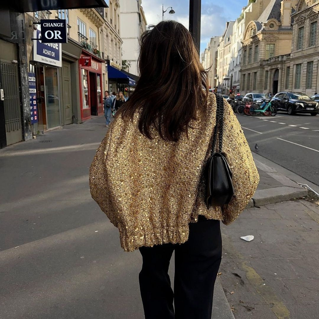 Dam avslappnad tweed jacka med kort ståkrage, concealed front, och påsydda fickor