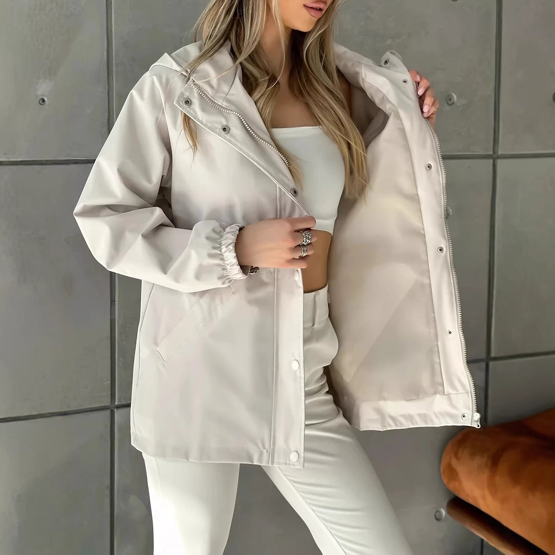 Dam vattenavvisande kort Parka med huva, dragsko och Snap knappslå