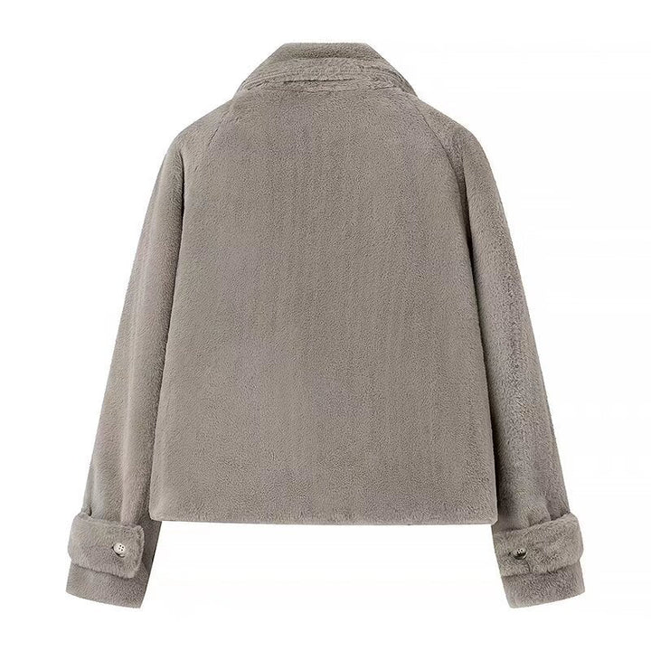 Dam kort skärning teddy fleecejacka med skjortkrage, dold knappslå och sidofickor