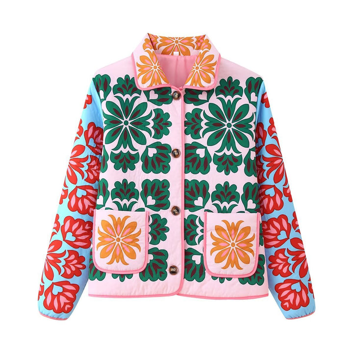 Dam 10+ Quiltad Jacka med Folkloric Blommig Tryck och Patch Fickor