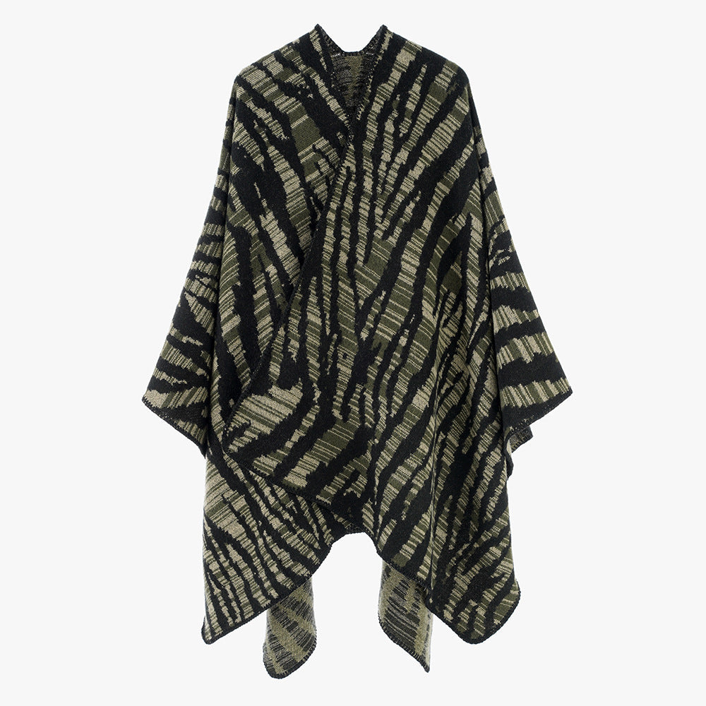 Dam Rectangular Ruana-Overlay med Extravagant Animal-Jacquard och Open Draping